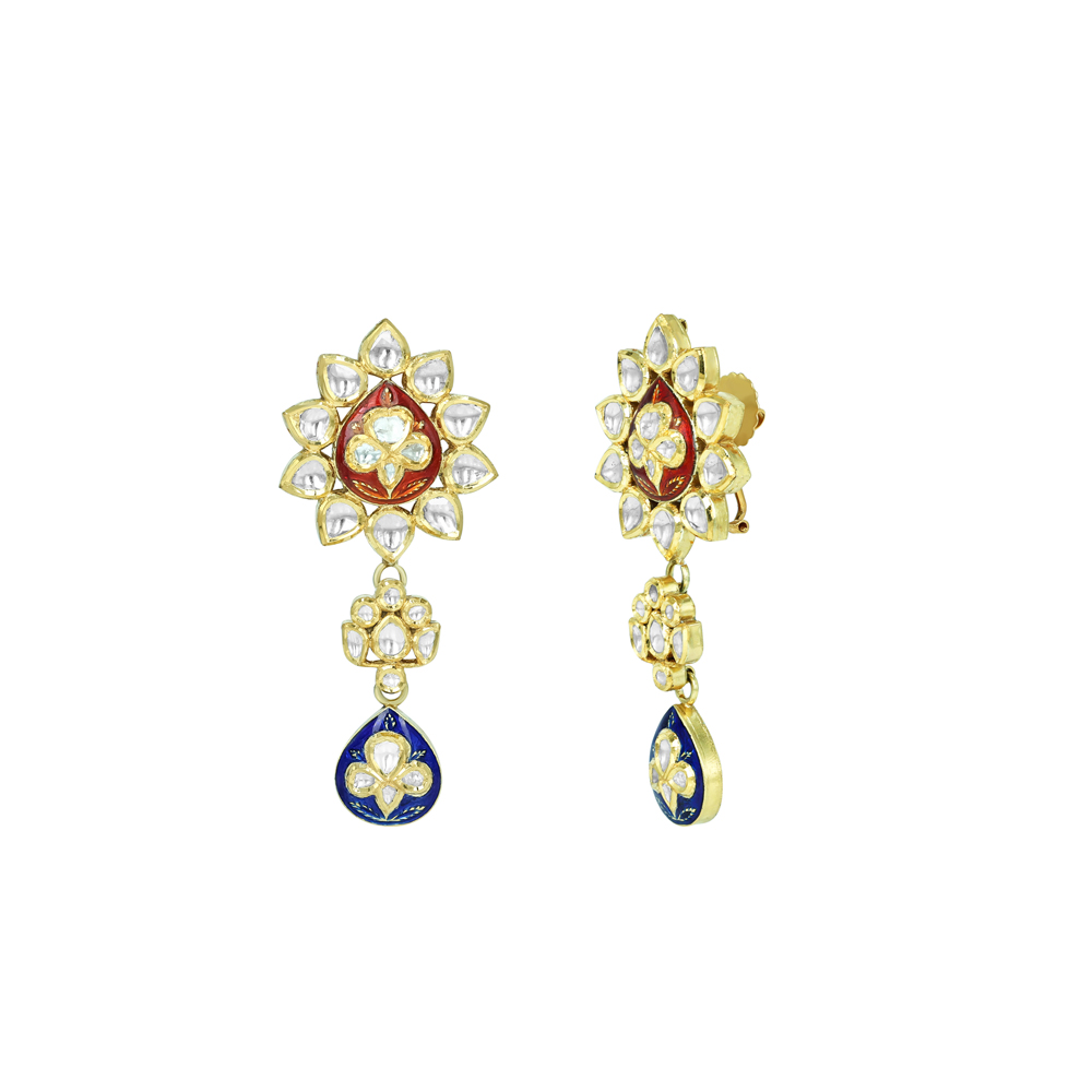 Floral Polki Earrings with Red and Blue Enamel